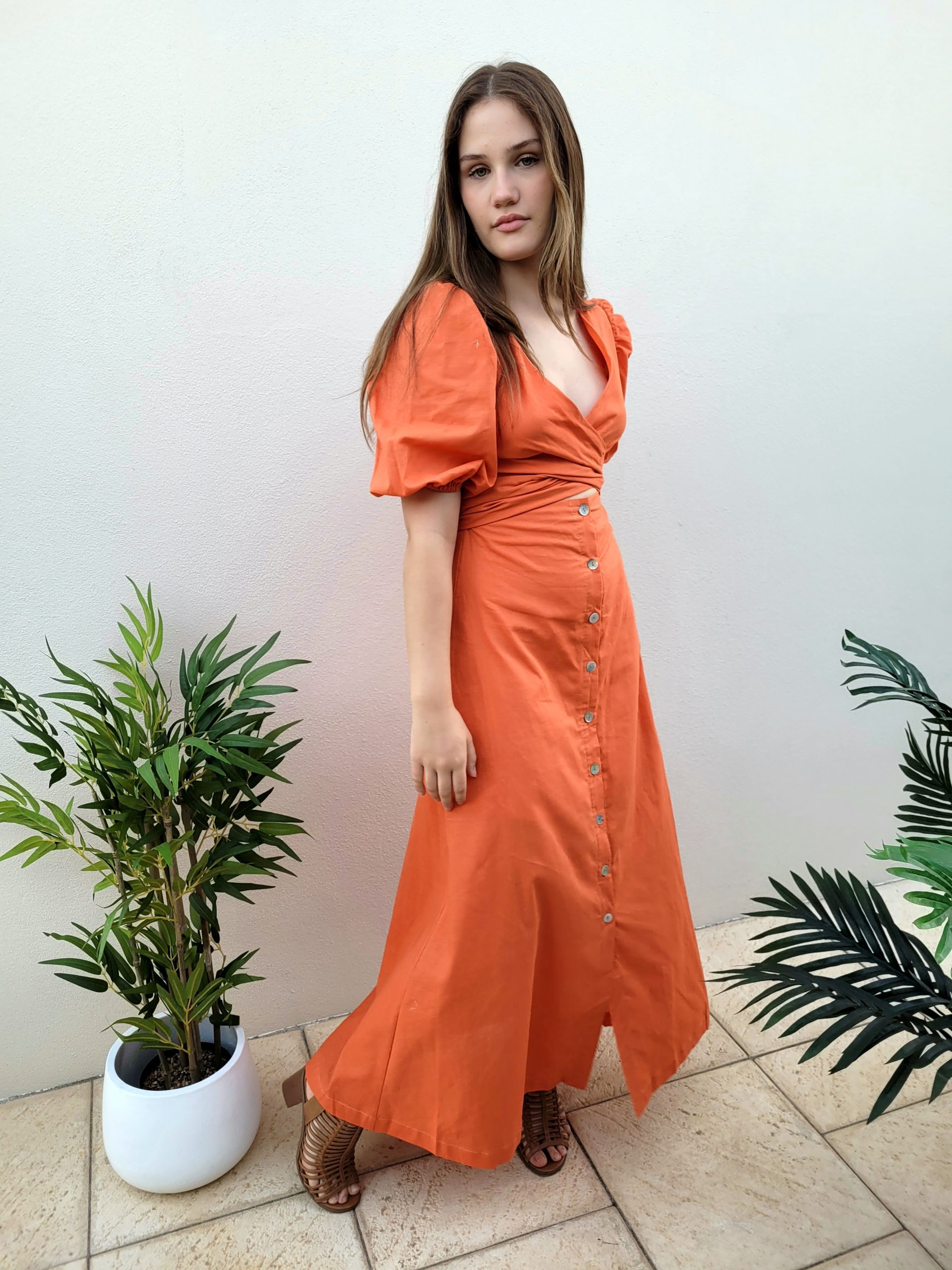 Tangerine Puff Sleeve Lace Up Midi Dress